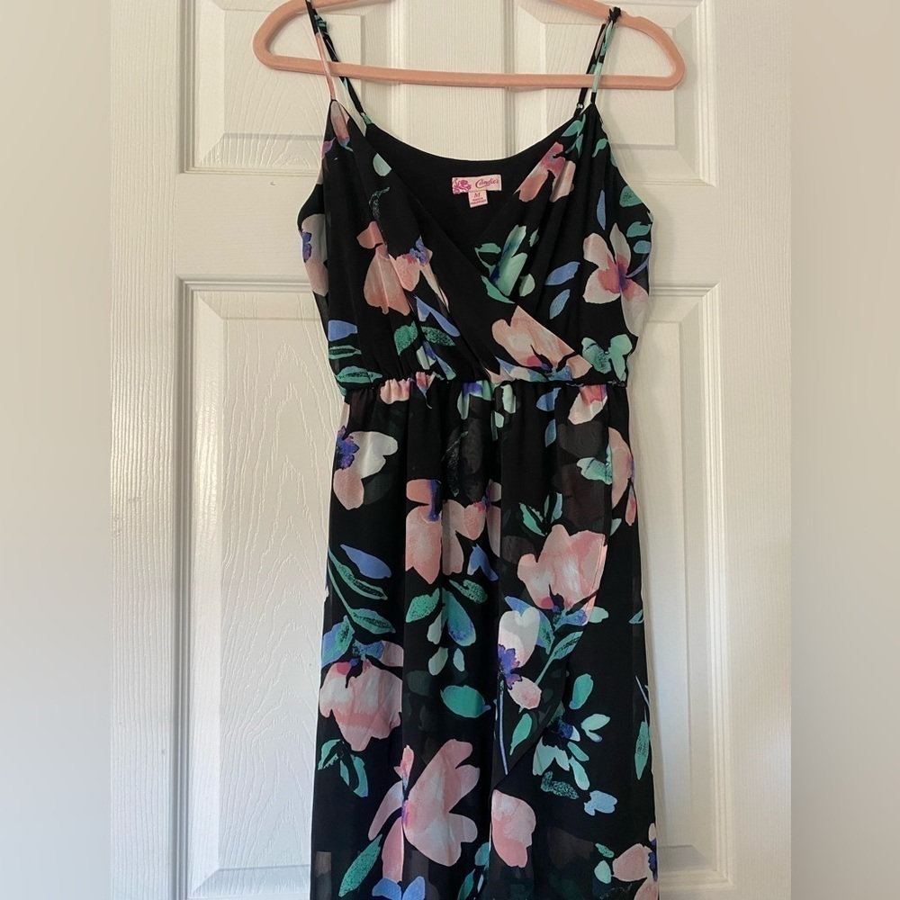 Candie’s Black Floral Crossover High Low Dress Size Medium - Picture 3 of 9
